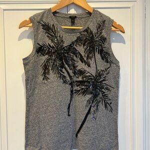 JCREW Heather Gray Tank Top w/muted sequined Black Palm Design. Size XS